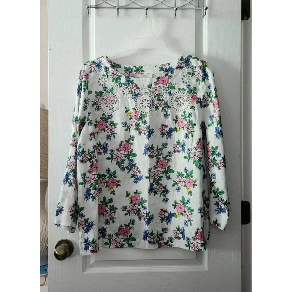 LINEN CHARTER CLUB Women's Floral Embroidered Eyelet Blouse Long Sleeve Size XL